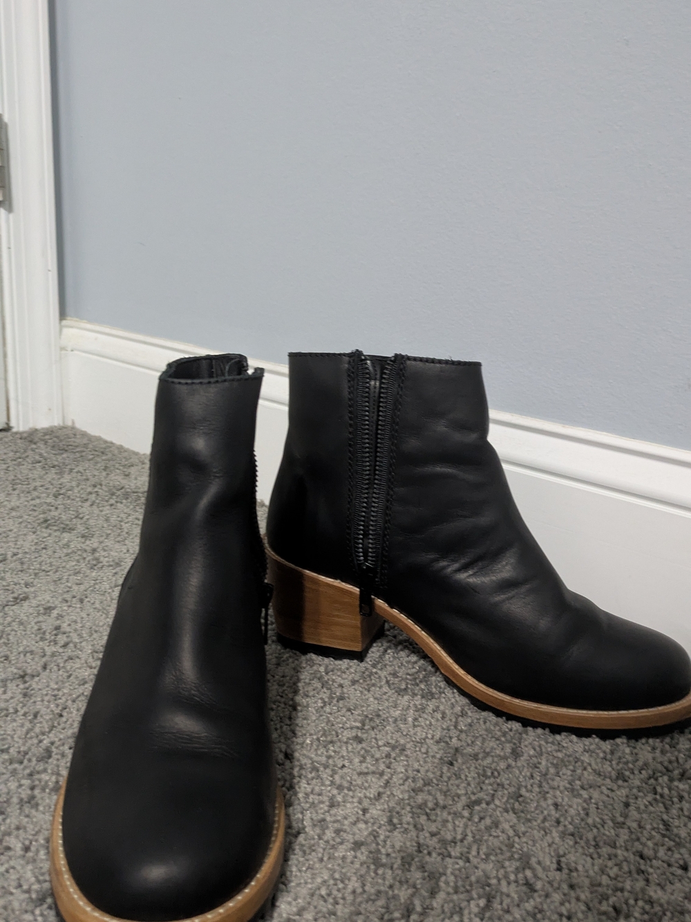 Portland Leather Black Leather Ankle Booties with Wood-Tone Heel